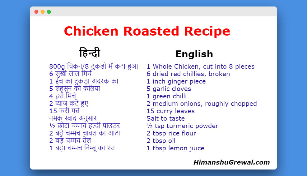 Chicken Roasted Recipe in Hindi and English