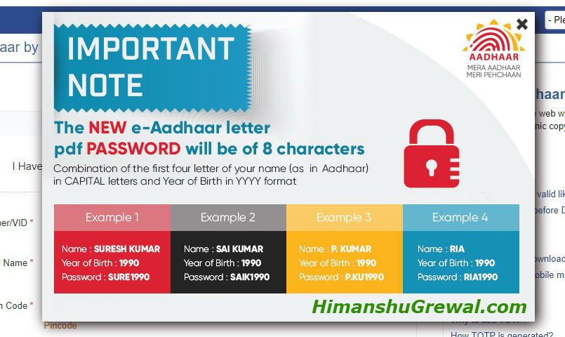 Aadhar Card Password Example in Hindi
