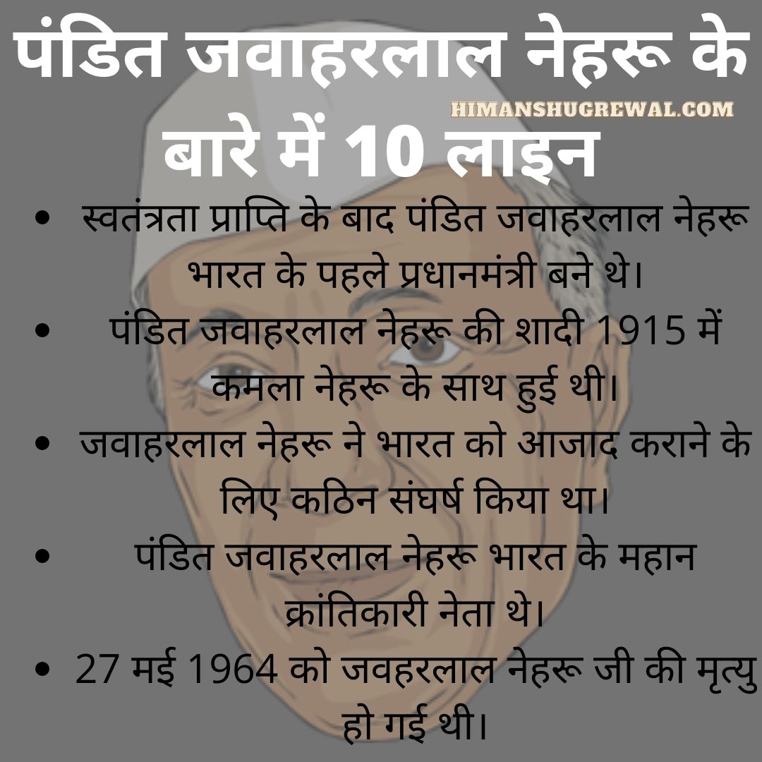 10 Lines On Pandit Jawaharlal Nehru In Hindi